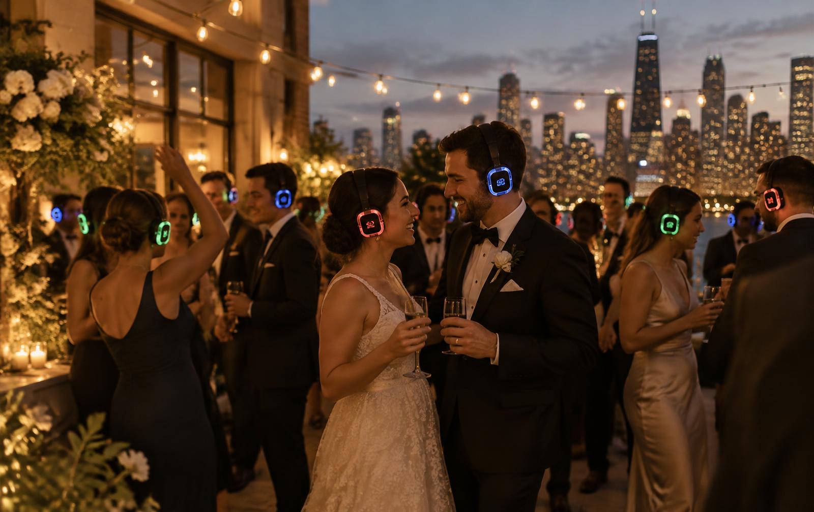 Wedding guests wearing glowing red, green and blue headphones on a Chicago patio